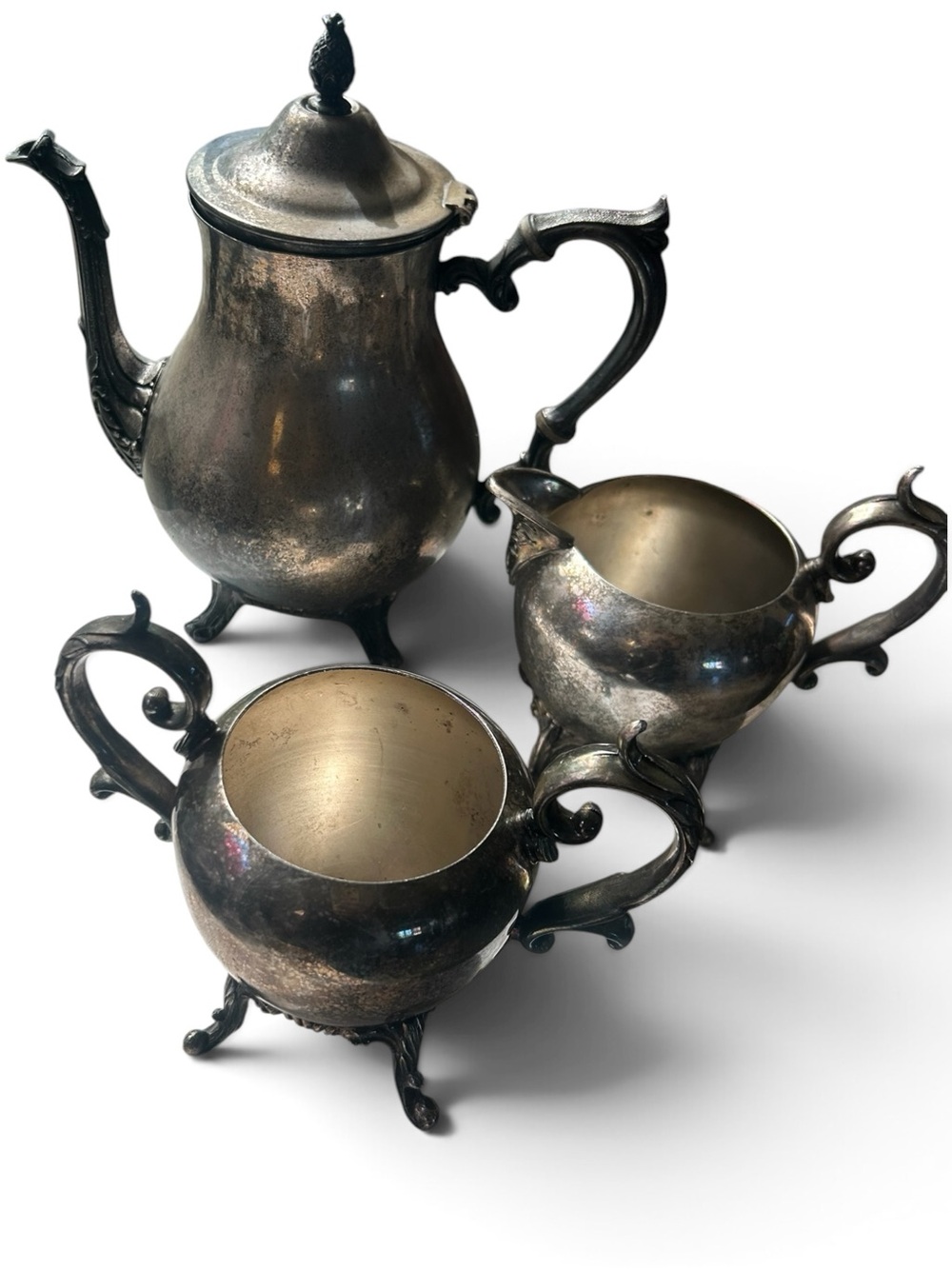 Vintage Gothic Silver Tea Set 3pc Tarnished BSC Silver on Copper Dark Academia